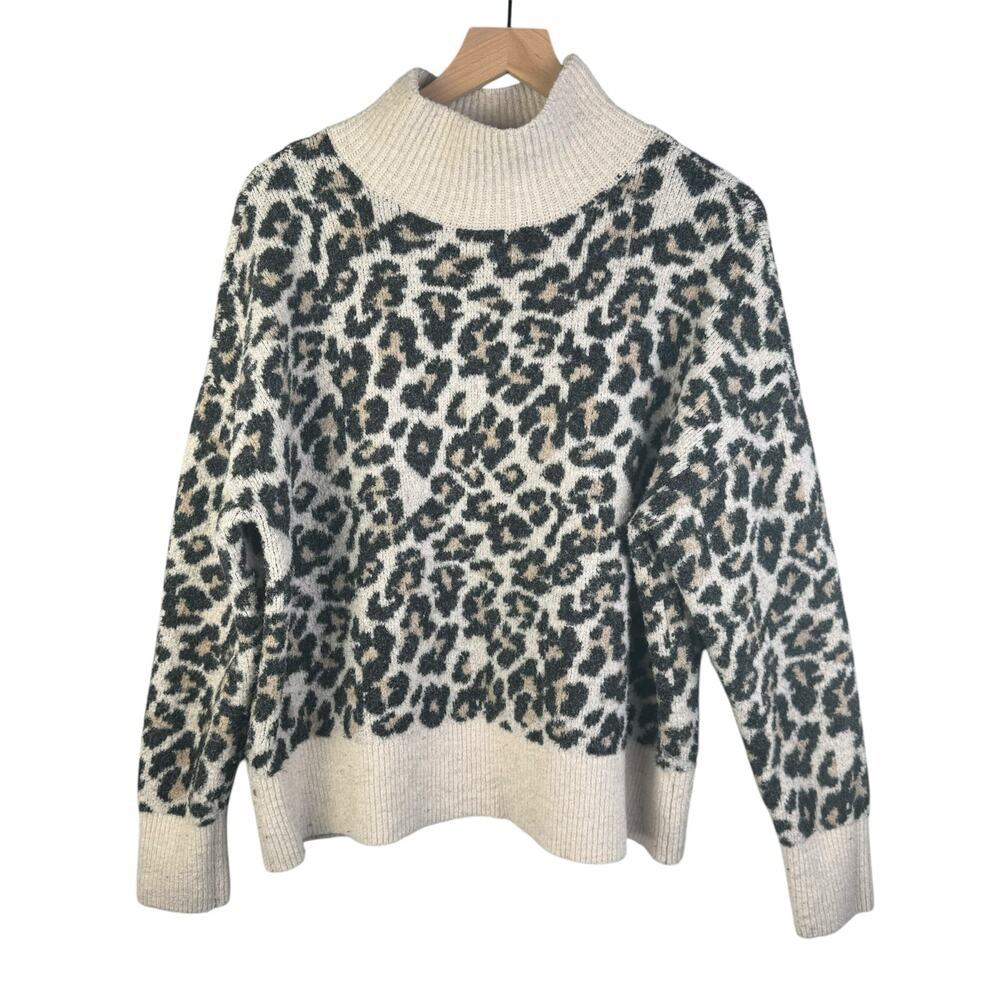 Loft Leopard Print Turtleneck Wool Blend Sweater Fuzzy Preppy XL Chunky